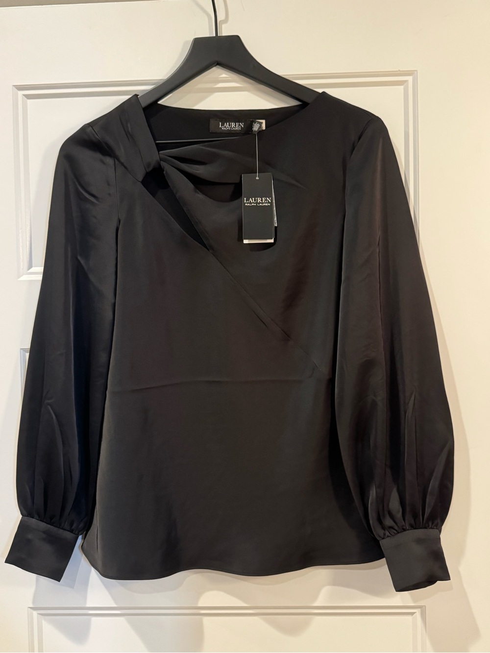 Ralph Lauren Black Satin V-Neck Puff Sleeve Blouse Size Small